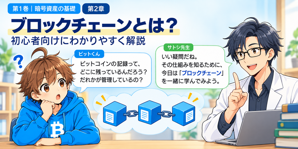 ビットくんとサトシ先生が、ブロックチェーンの仕組みを一緒に学ぶ導入イラスト